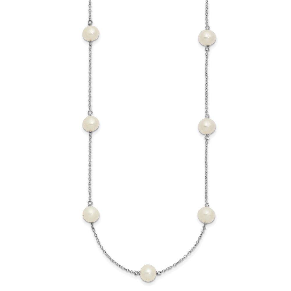 Sterling Silver Rhodium-plated 7-8mm White Near-Round Freshwater Cultured Pearl 9-Stations18 inch Necklace