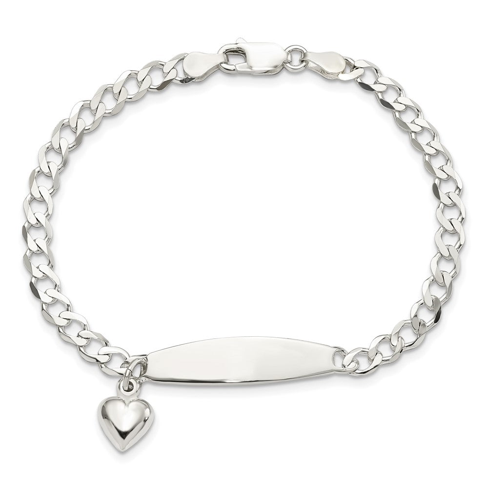 Sterling Silver Polished Curb Link ID Heart Dangle 8.5in Bracelet