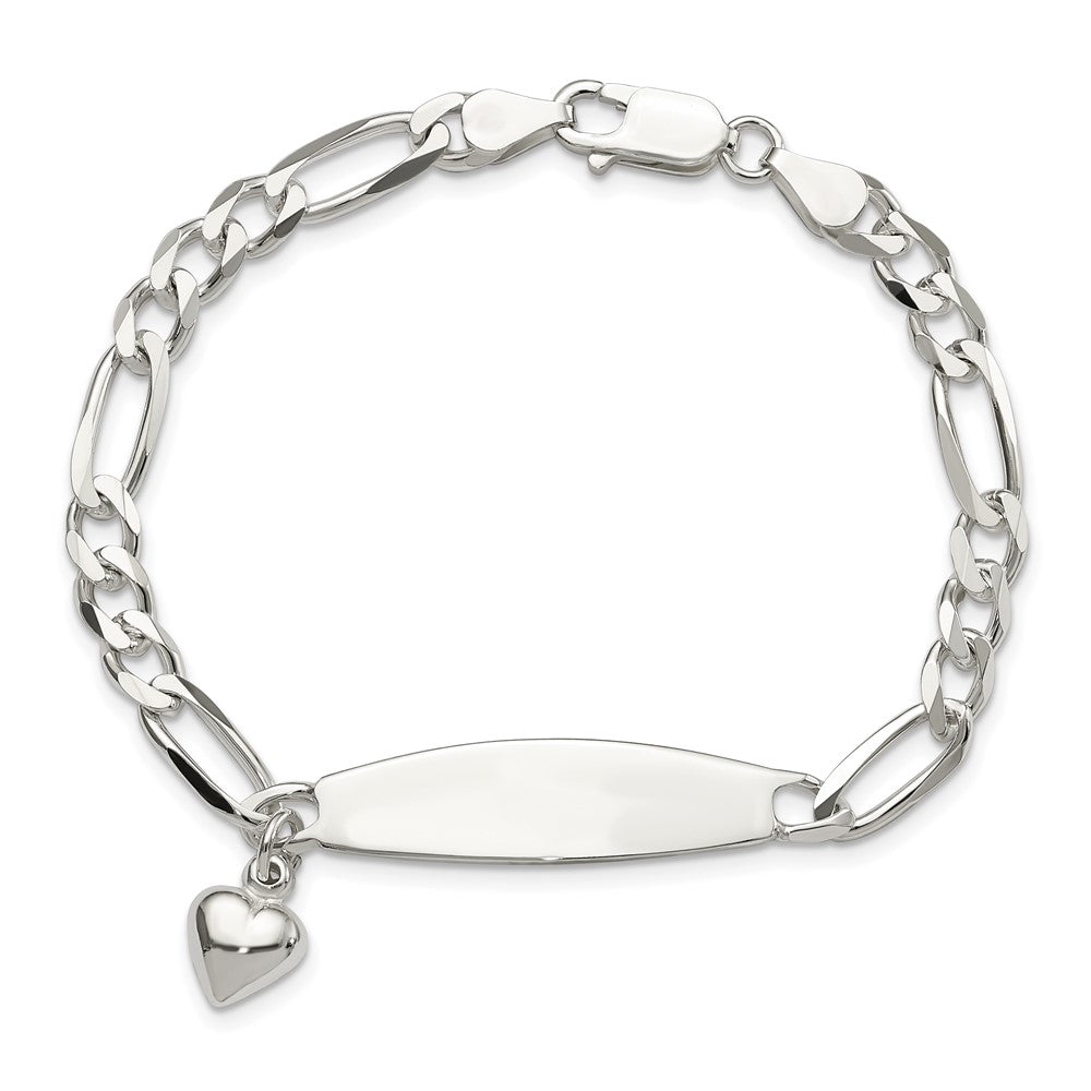 Sterling Silver Polished Figaro ID Heart Dangle Bracelet
