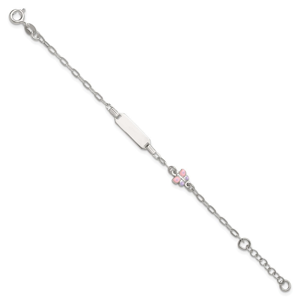 Sterling Silver Polished Pink and Purple Enameled Butterfly 5 inch with 1 inch extension Childrens ID Bracelet