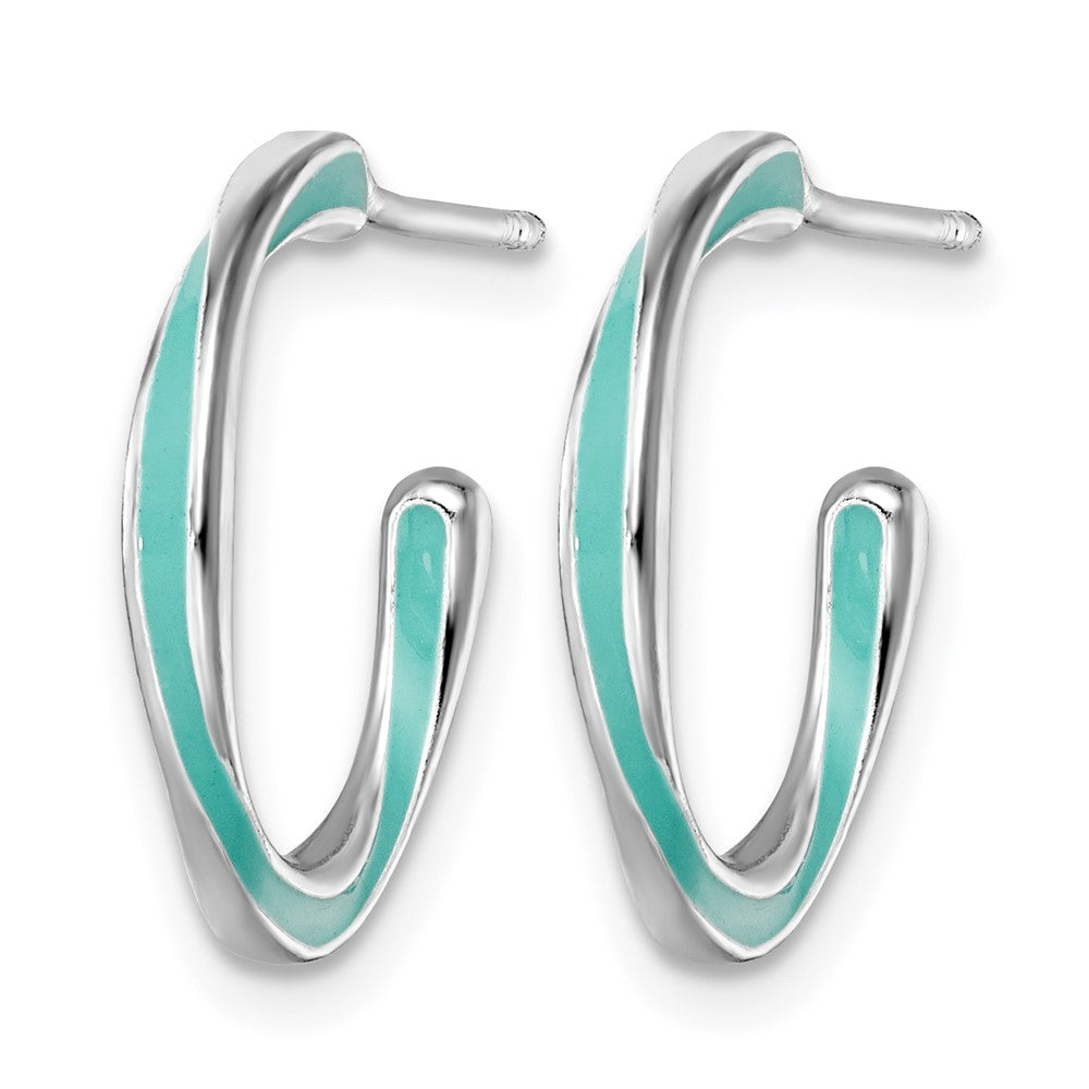 Sterling Silver Rhodium-plated Aqua Enameled Hoop Earrings
