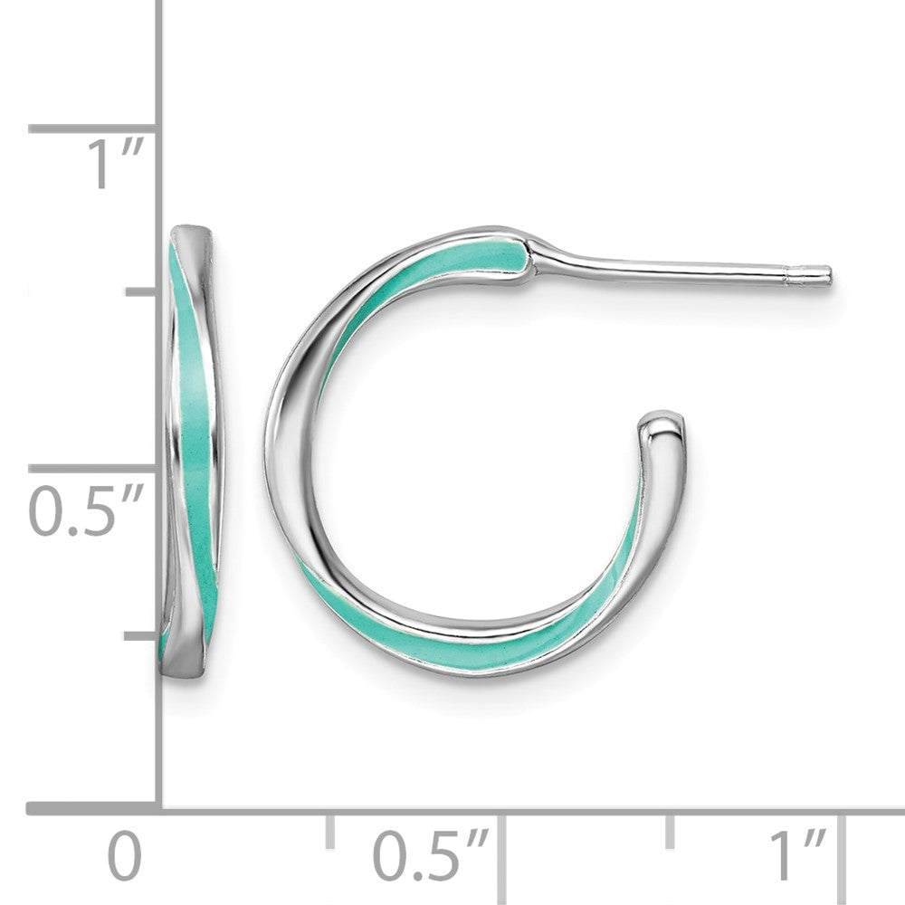 Sterling Silver Rhodium-plated Aqua Enameled Hoop Earrings