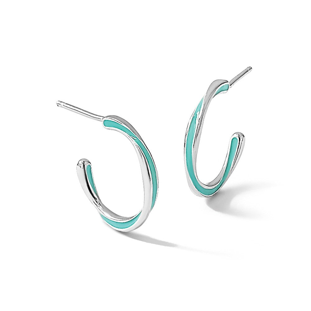 Sterling Silver Rhodium-plated Aqua Enameled Hoop Earrings