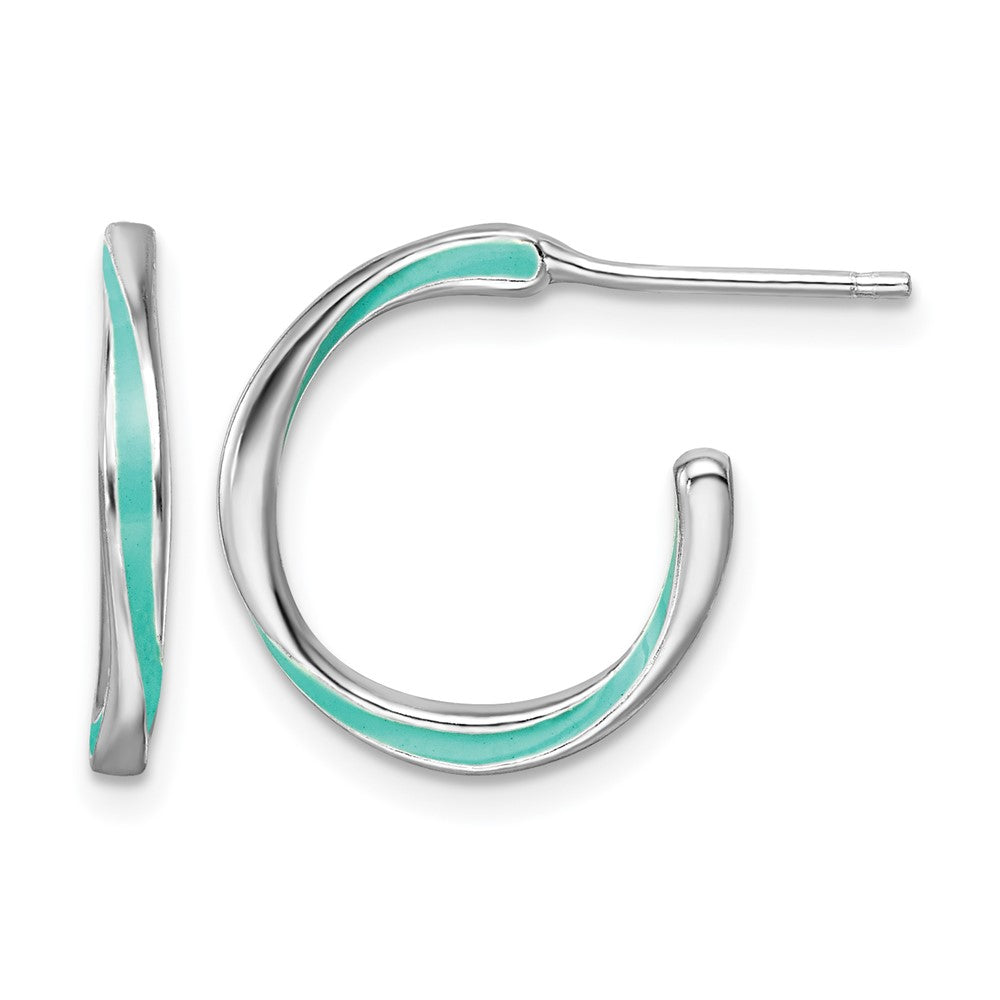 Sterling Silver Rhodium-plated Aqua Enameled Hoop Earrings
