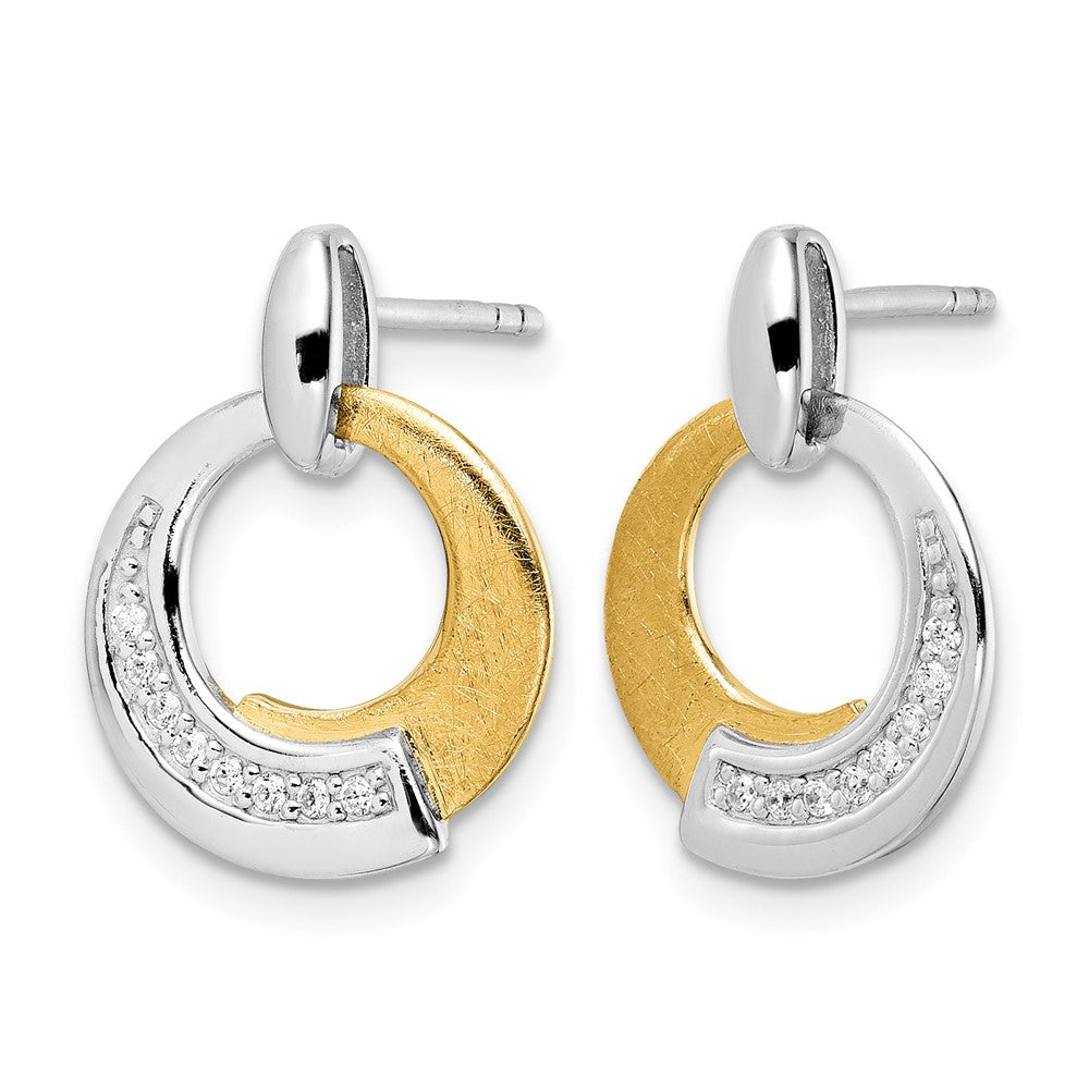 Sterling Silver Rh-p and Gold-plated CZ Brushed Dangle Earrings