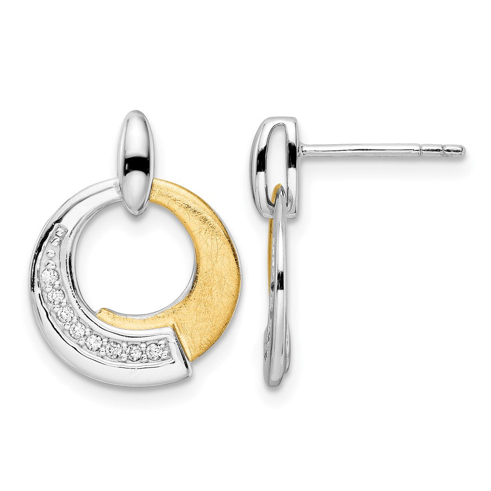 Sterling Silver Rh-p and Gold-plated CZ Brushed Dangle Earrings