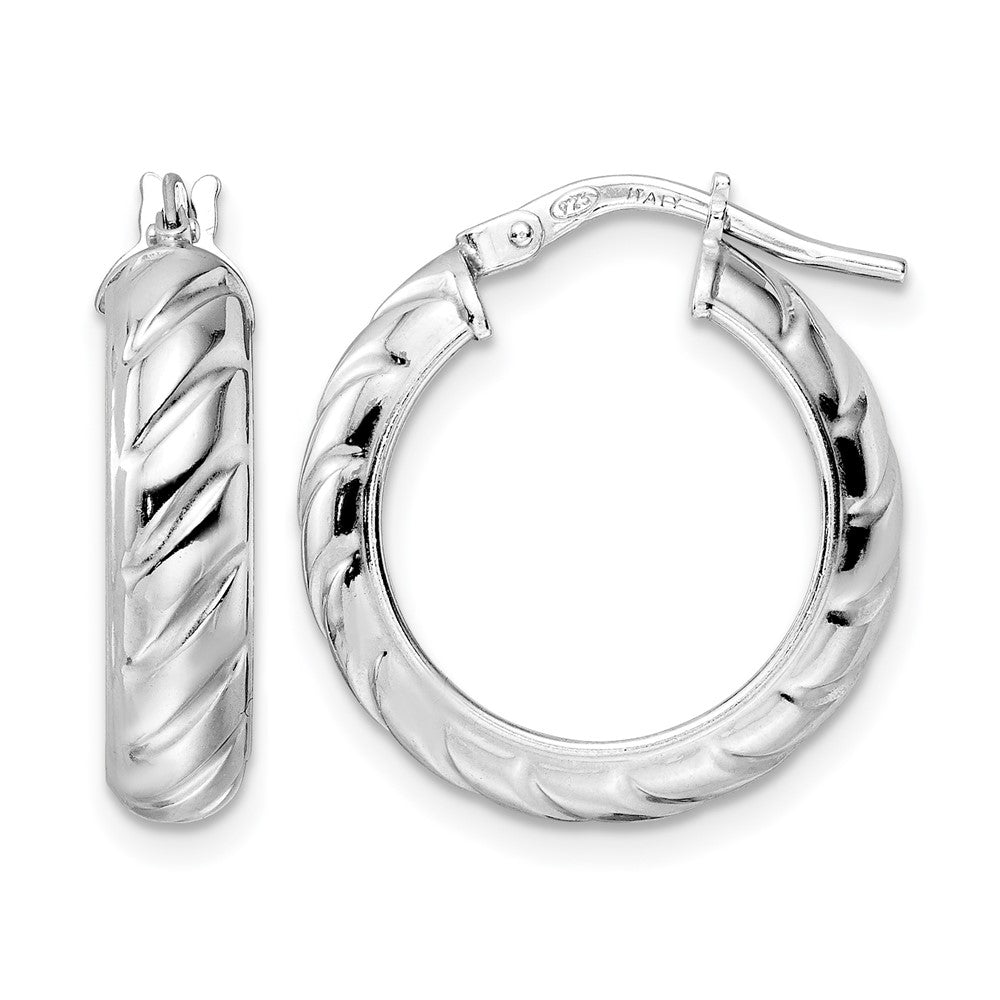 Sterling Silver Rhod-plated Polished Textured Hoop Earrings
