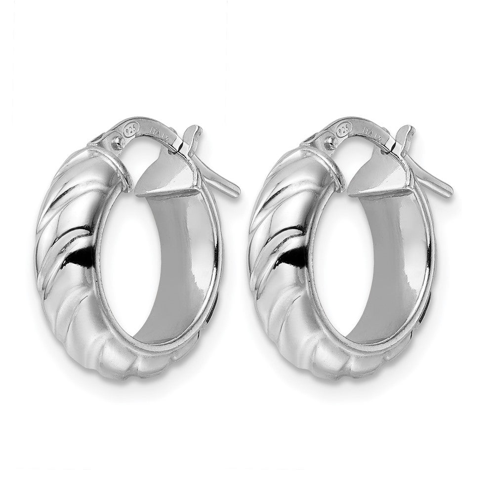 Sterling Silver Rhod-plated Polished Textured Hoop Earrings