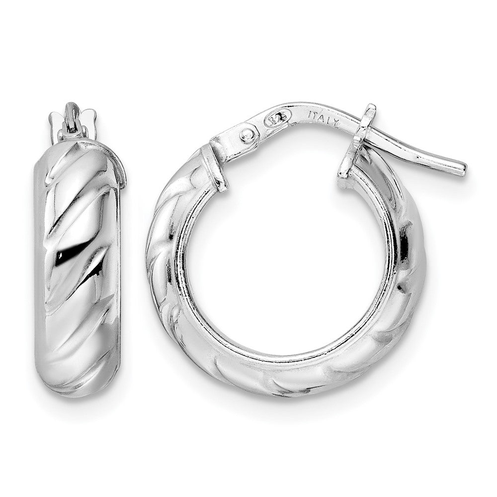 Sterling Silver Rhod-plated Polished Textured Hoop Earrings