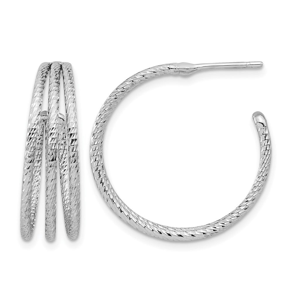 Sterling Silver Rh-plated Diamond Cut J-Hoop Earrings