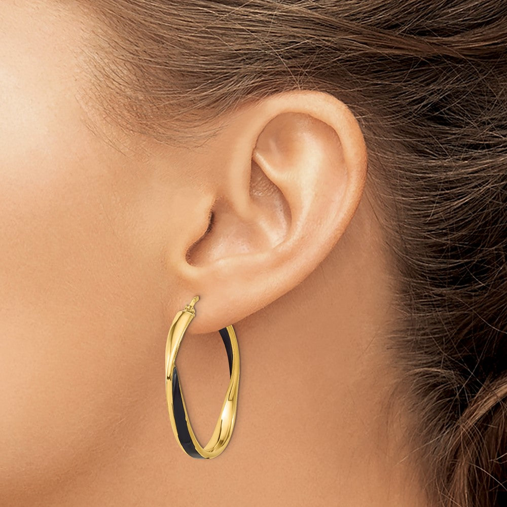 Sterling Silver Gold-tone with Black Enamel Hoop Earrings