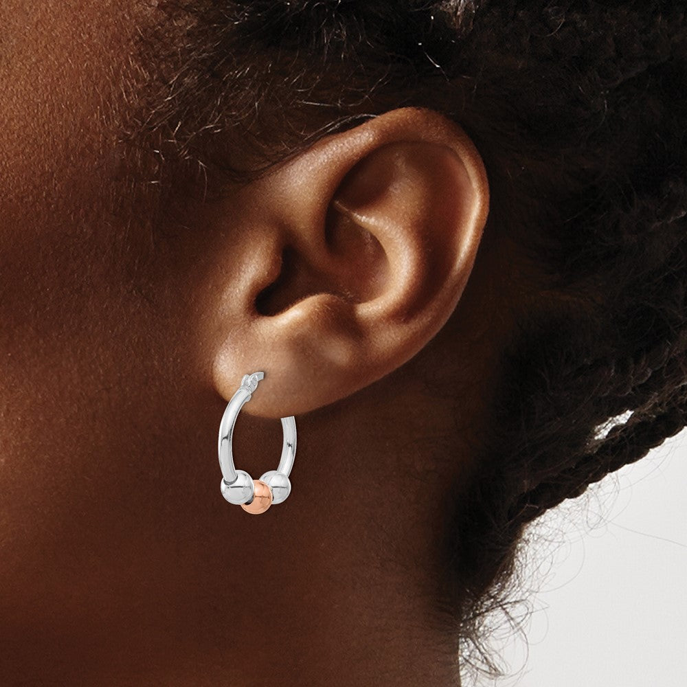 Sterling Silver Rhodium-plated and Rose-tone Beaded Hoop Earrings