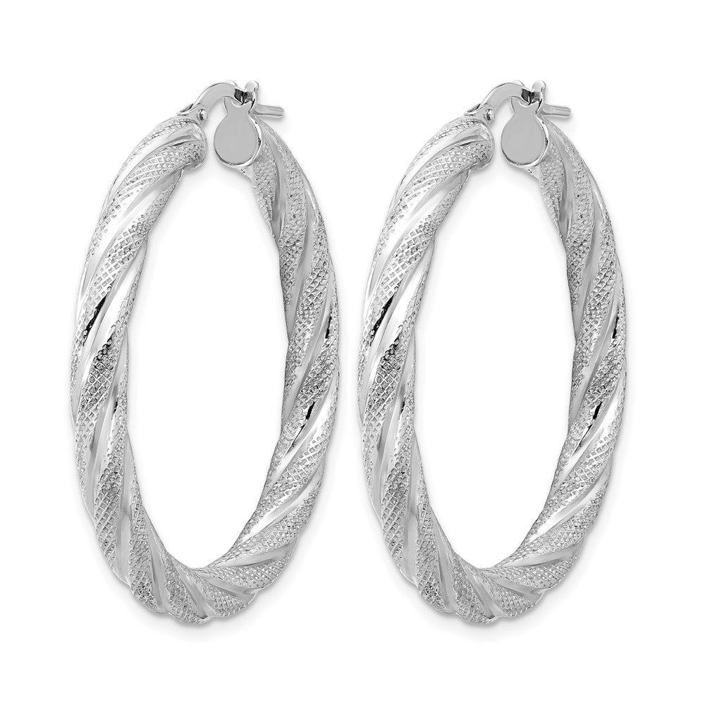 Sterling Silver Rh-plated Polished and Textured Round Hoops