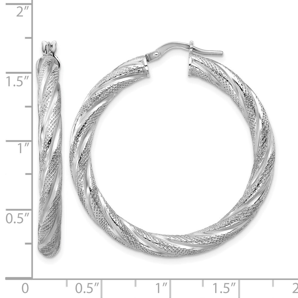 Sterling Silver Rh-plated Polished and Textured Round Hoops