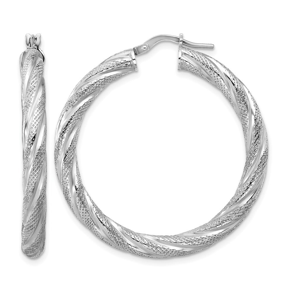 Sterling Silver Rh-plated Polished and Textured Round Hoops