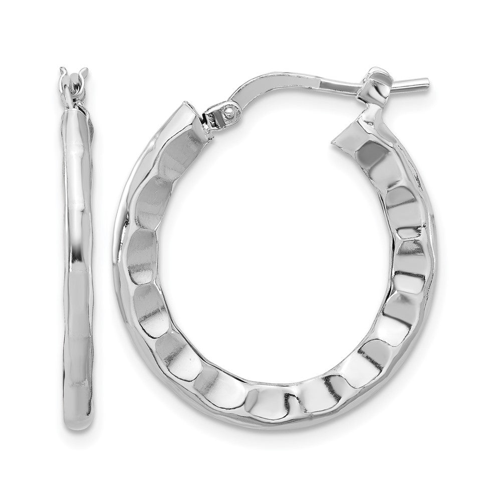 Sterling Silver Rh-plated Polished/Hammered Hoop Earrings