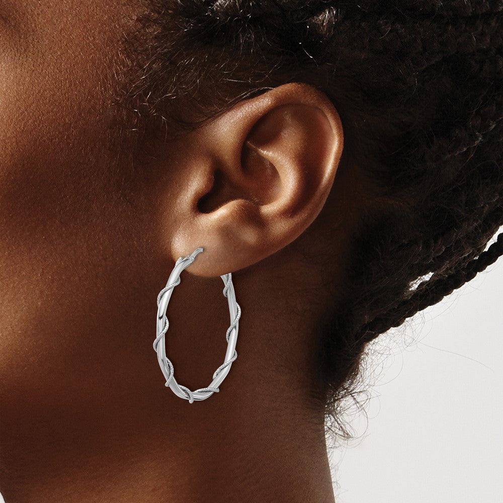 Sterling Silver Rh-plated Polished/Textured/Twisted Hoop Earrings