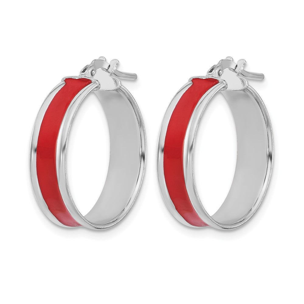 Sterling Silver RH-plt Polished Red Enamel Round Hoop Earrings
