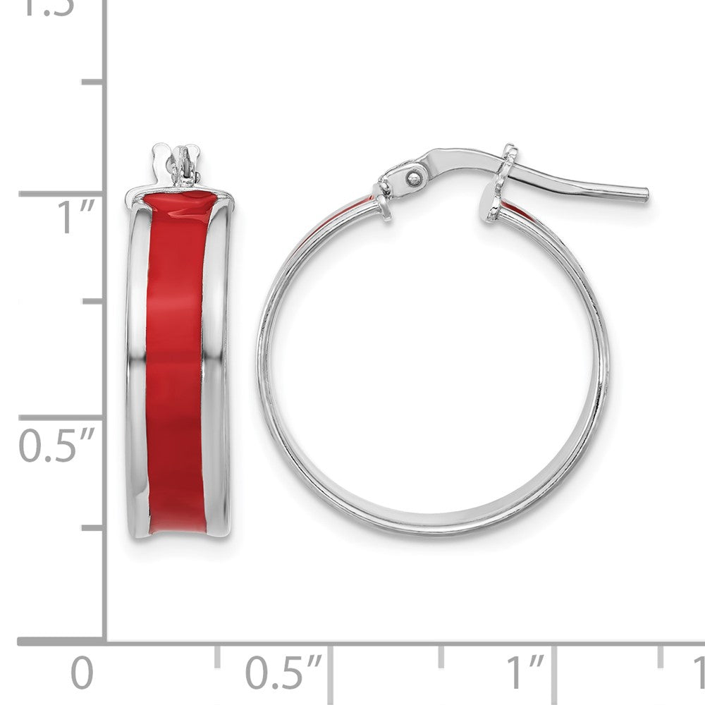 Sterling Silver RH-plt Polished Red Enamel Round Hoop Earrings