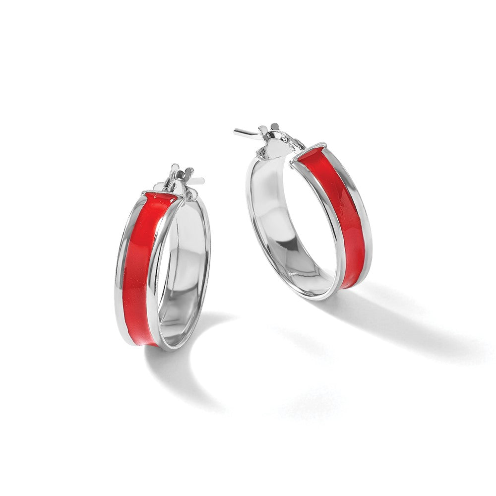 Sterling Silver RH-plt Polished Red Enamel Round Hoop Earrings