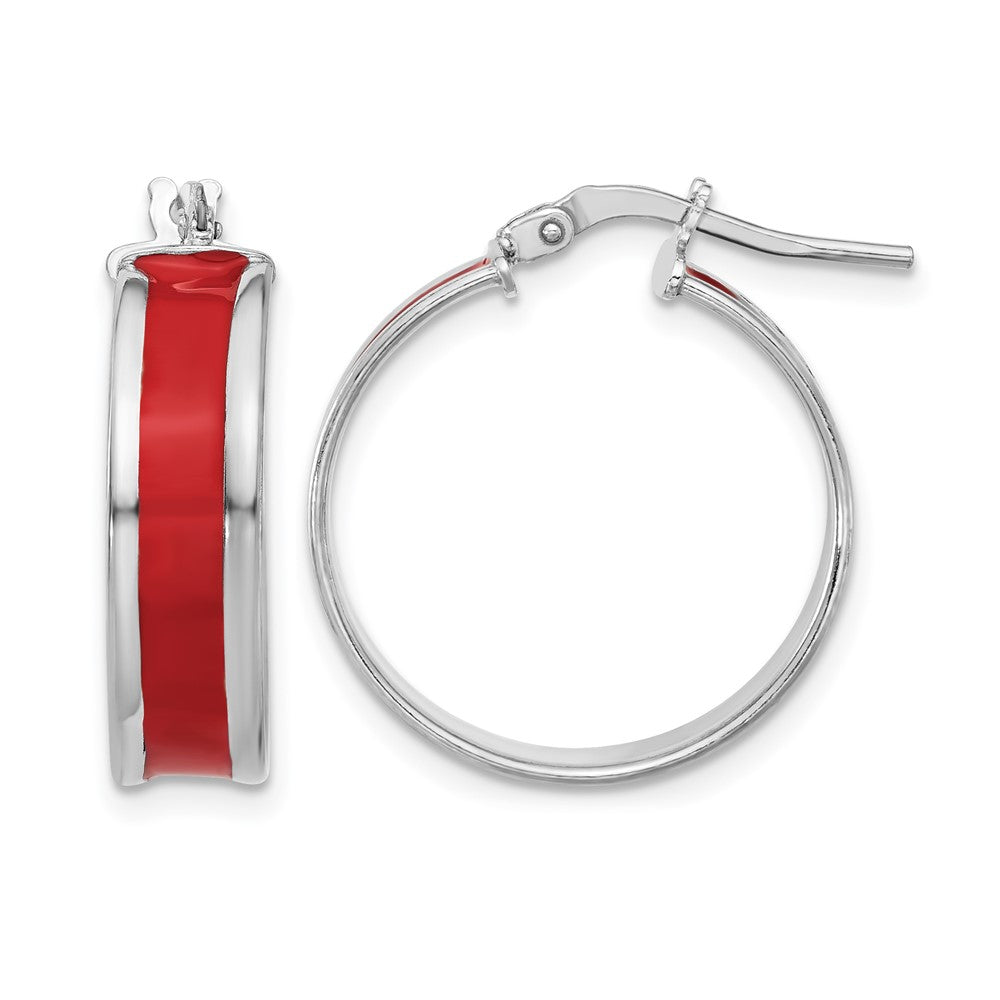 Sterling Silver RH-plt Polished Red Enamel Round Hoop Earrings