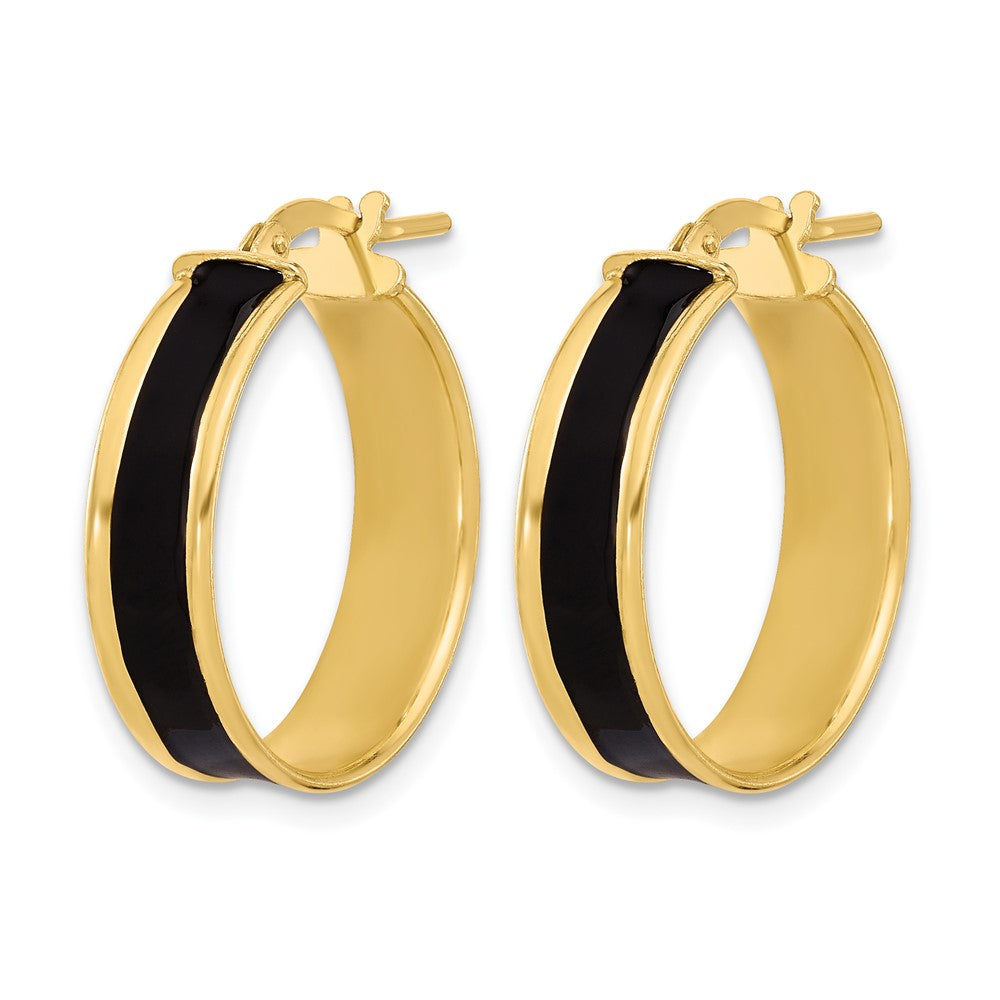 Sterling Silver Gold-tone Black Enamel Round Hoop Earrings