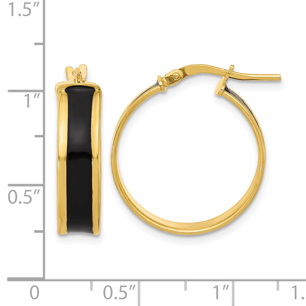 Sterling Silver Gold-tone Black Enamel Round Hoop Earrings