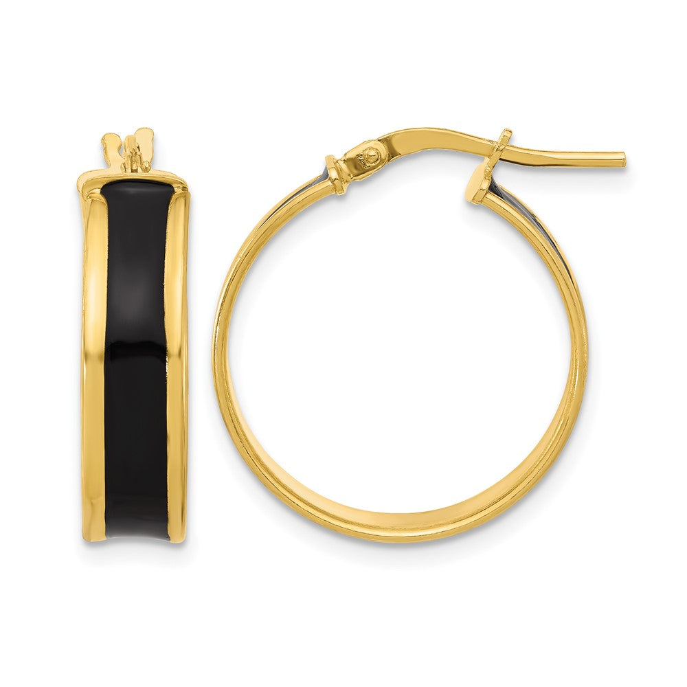 Sterling Silver Gold-tone Black Enamel Round Hoop Earrings