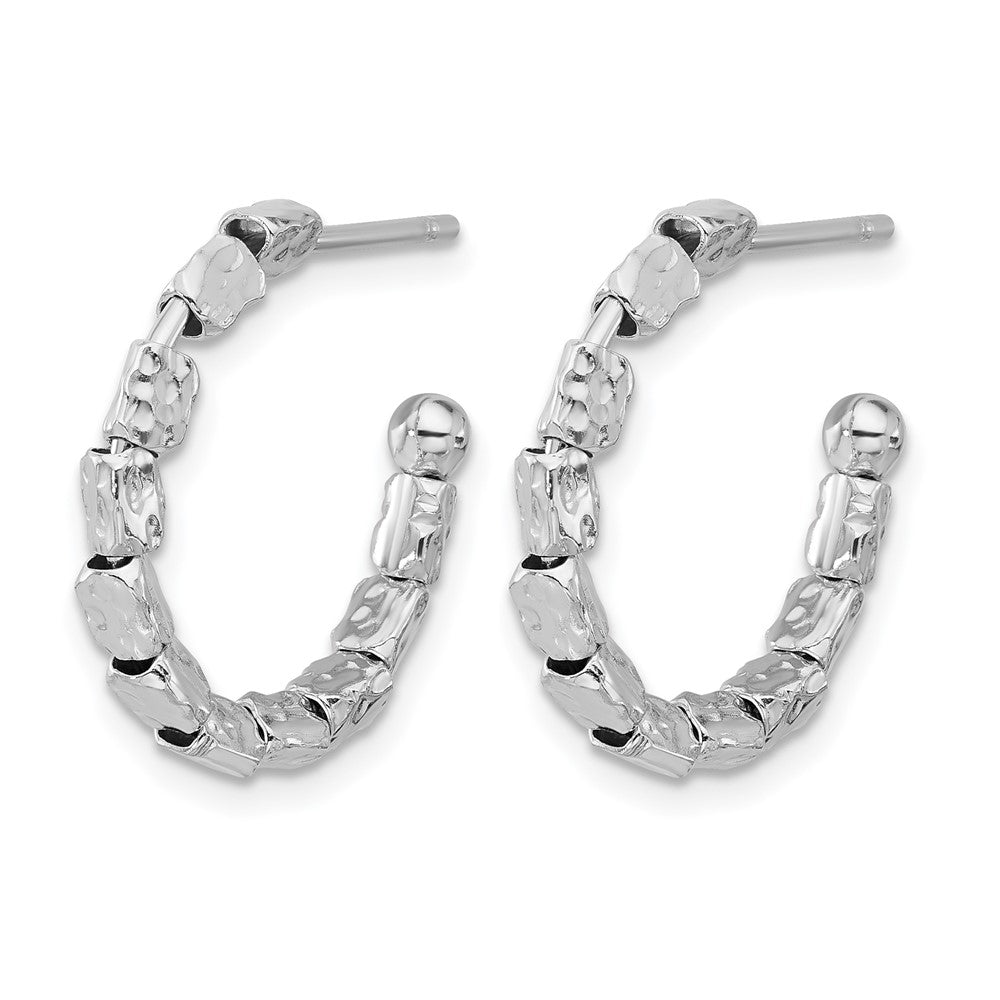 Sterling Silver Rh-plated Polished/Hammered J-Hoop Post Earrings