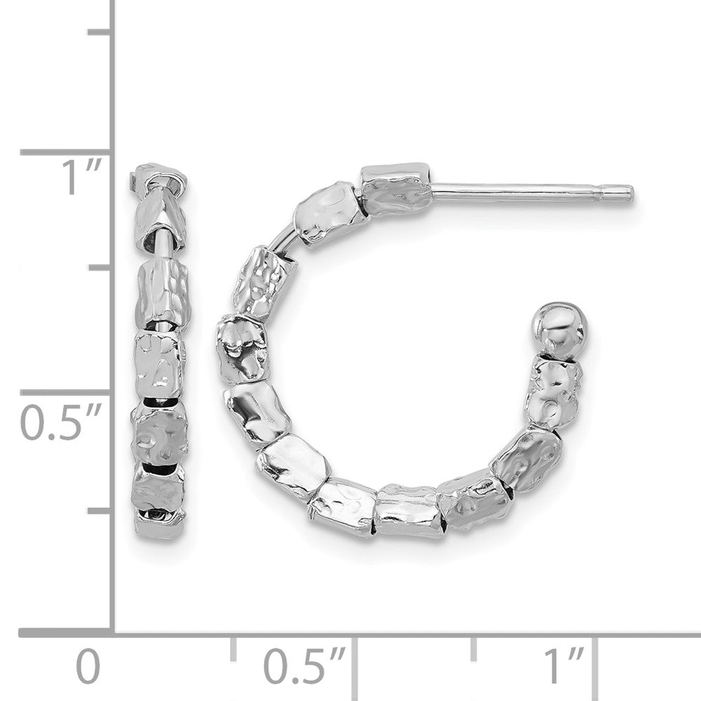 Sterling Silver Rh-plated Polished/Hammered J-Hoop Post Earrings