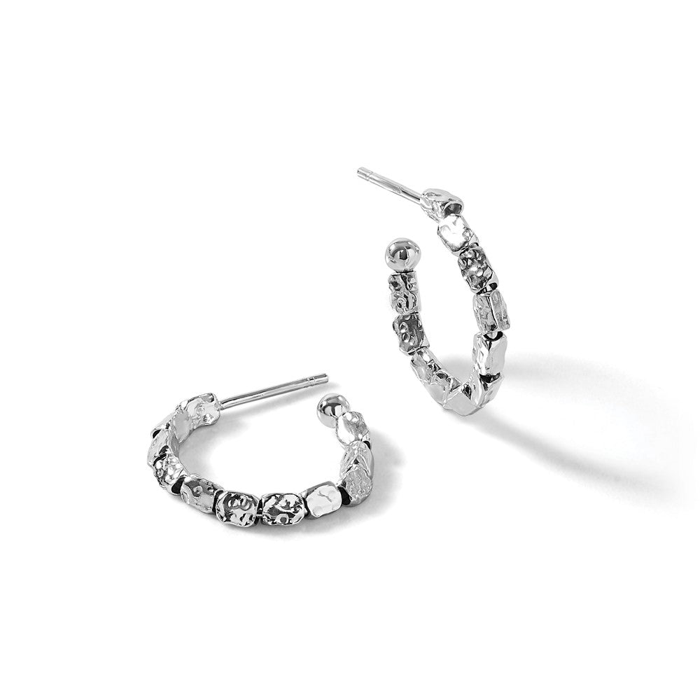 Sterling Silver Rh-plated Polished/Hammered J-Hoop Post Earrings