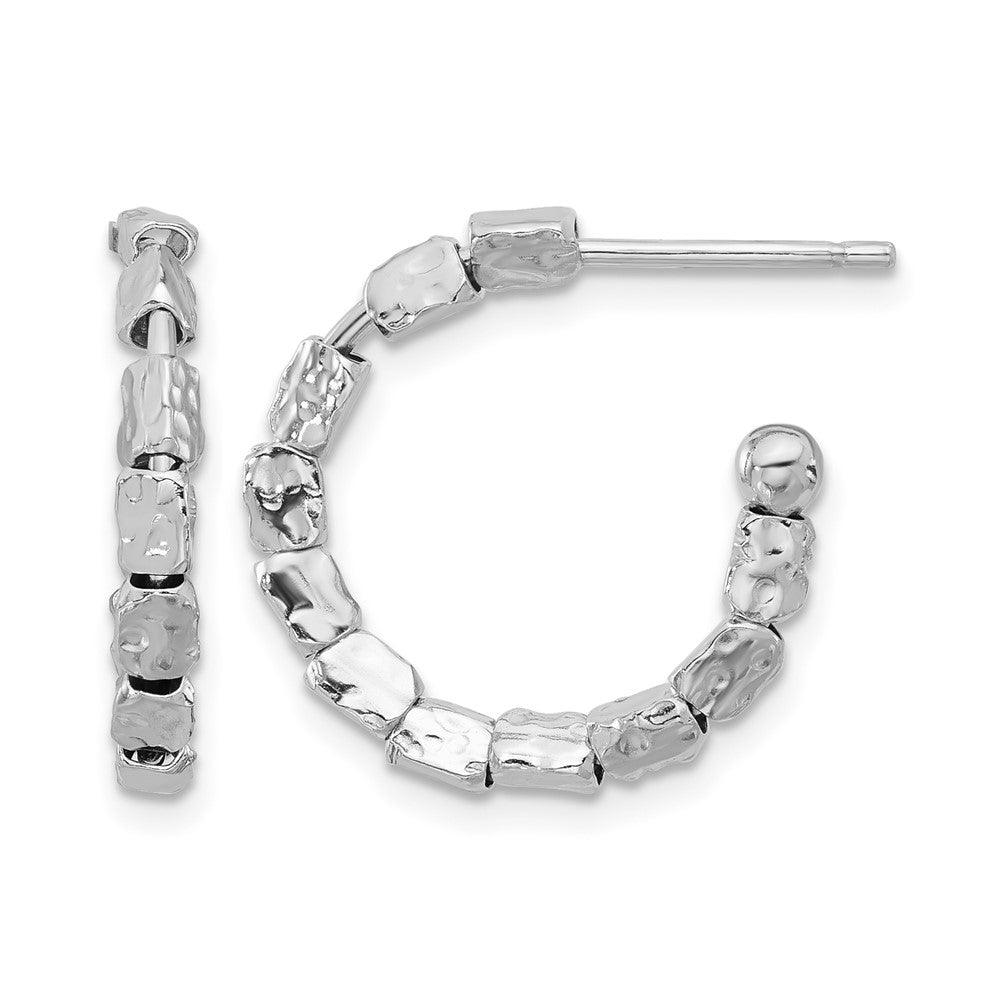 Sterling Silver Rh-plated Polished/Hammered J-Hoop Post Earrings