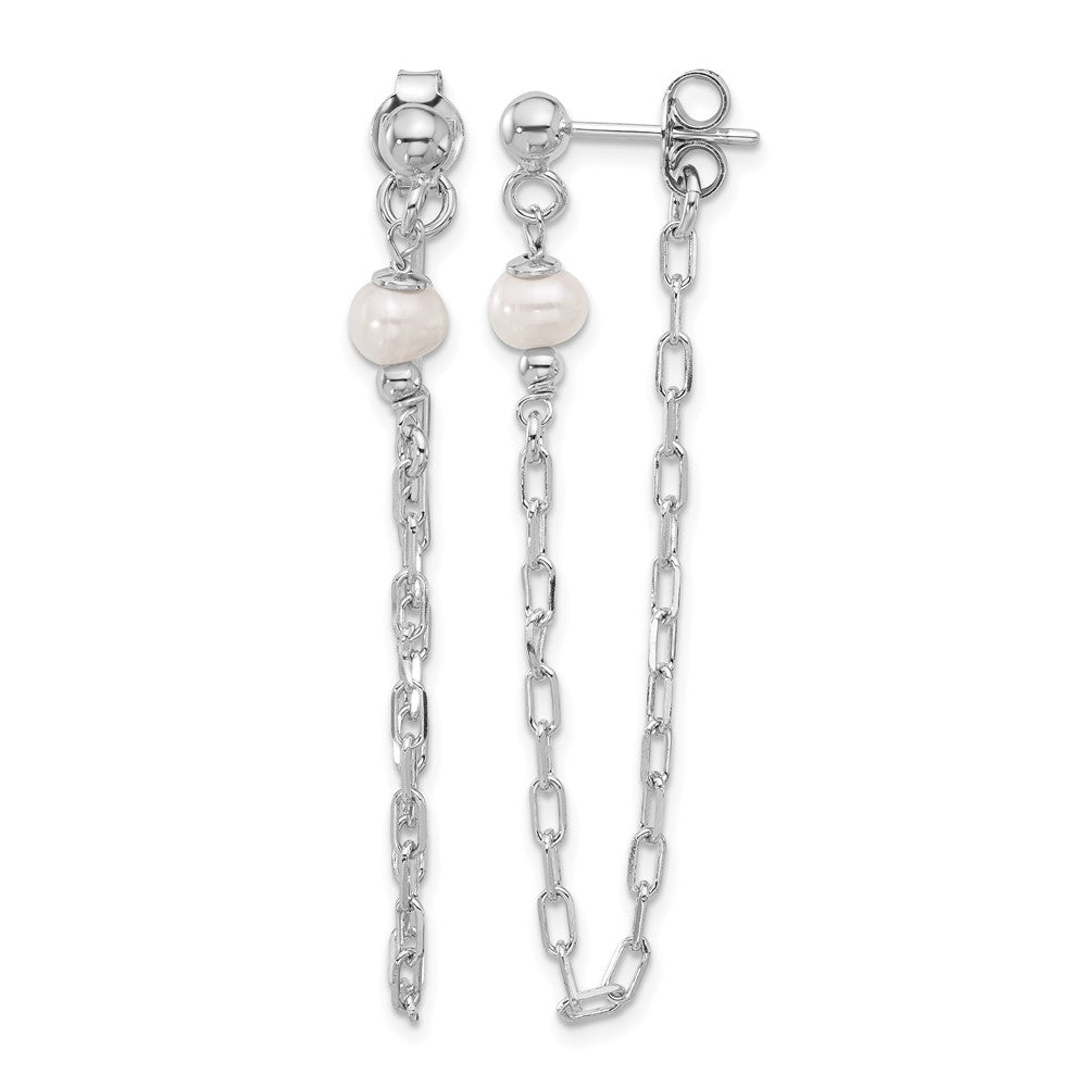 Sterling Silver RH-plat FWC Pearl Front/Back Chain Dangle Earrings