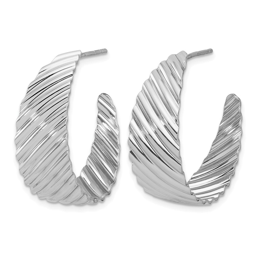 Sterling Silver Rh-plat Polished Grooved Left/Right J-Hoop Earring
