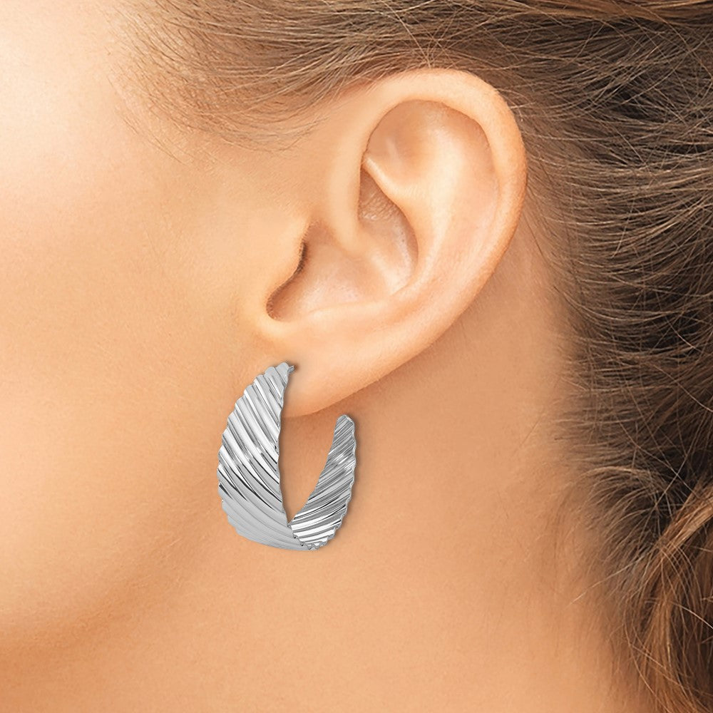 Sterling Silver Rh-plat Polished Grooved Left/Right J-Hoop Earring