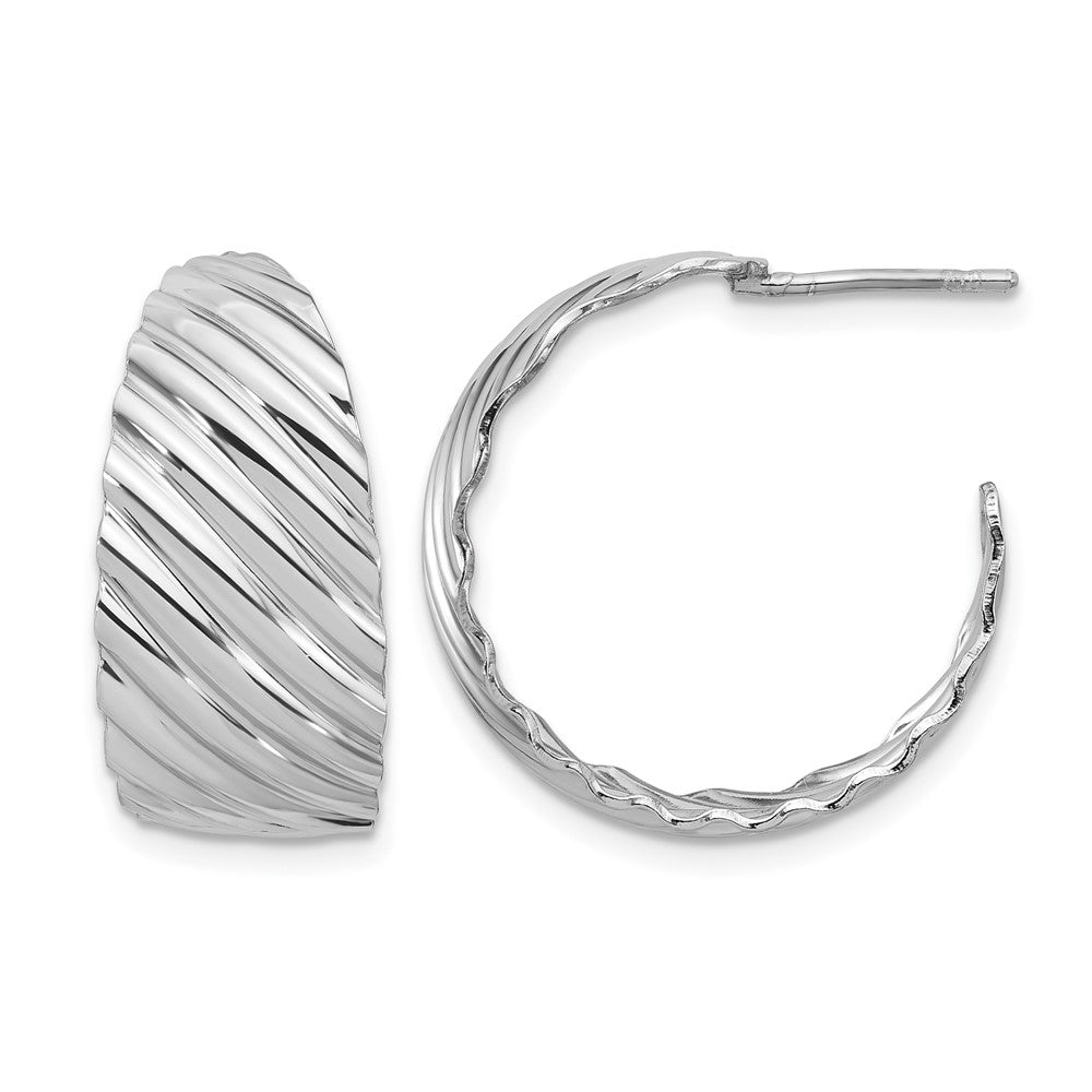 Sterling Silver Rh-plat Polished Grooved Left/Right J-Hoop Earring