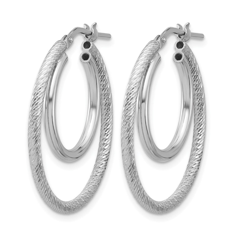 Sterling Silver Rh-plat Polished and Textured Double Hoop Earrings