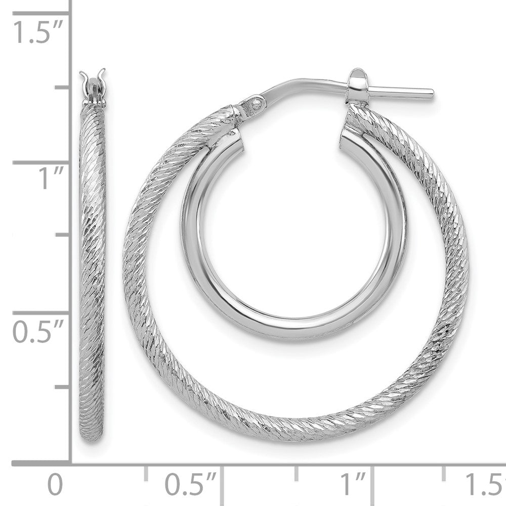 Sterling Silver Rh-plat Polished and Textured Double Hoop Earrings