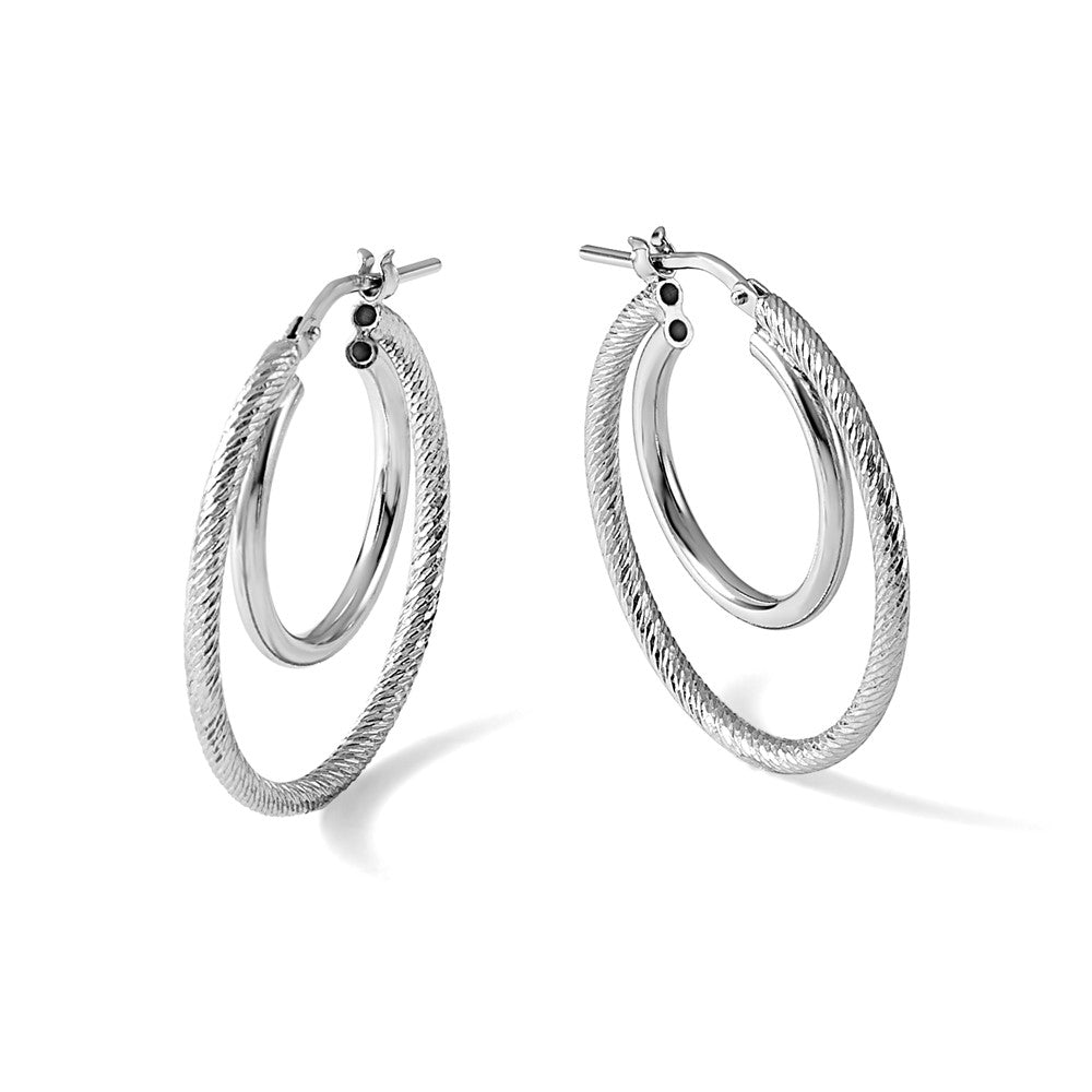 Sterling Silver Rh-plat Polished and Textured Double Hoop Earrings