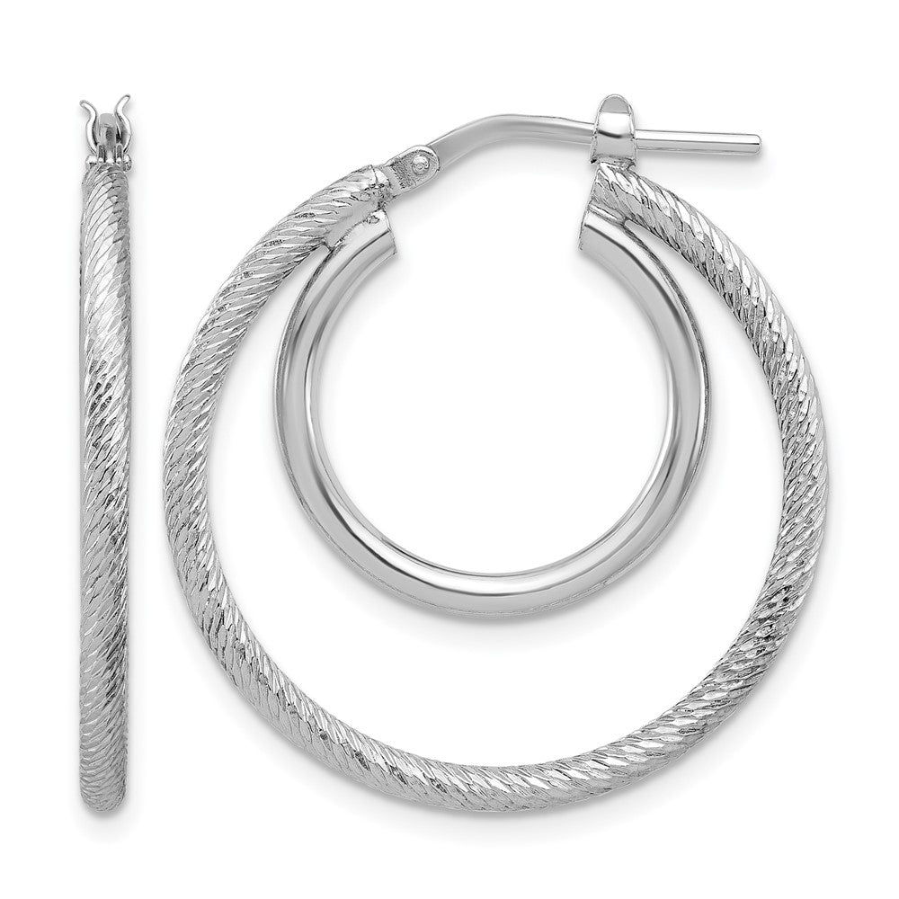 Sterling Silver Rh-plat Polished and Textured Double Hoop Earrings