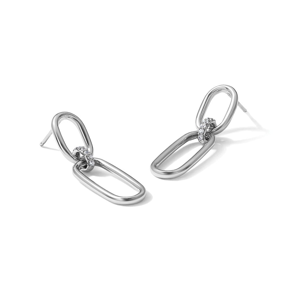 Sterling Silver Rh-plated Polished CZ Dangle Post Earrings