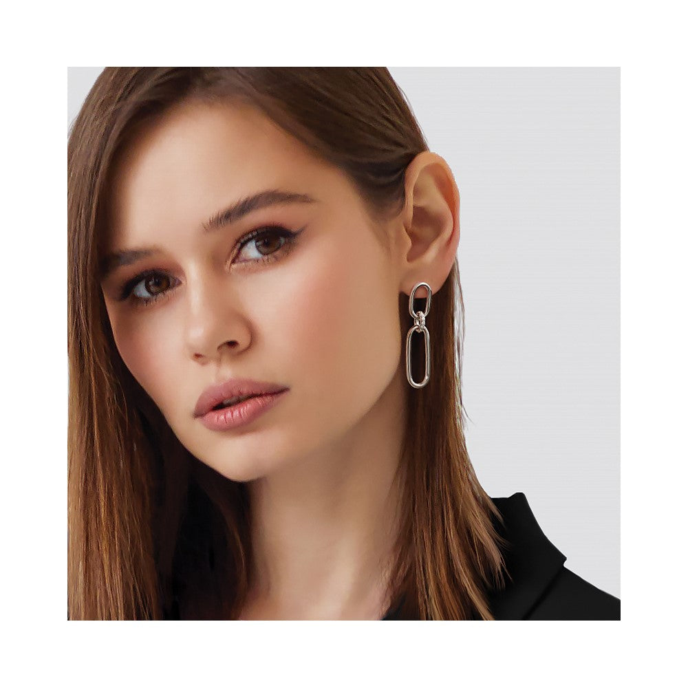 Sterling Silver Rh-plated Polished CZ Dangle Post Earrings