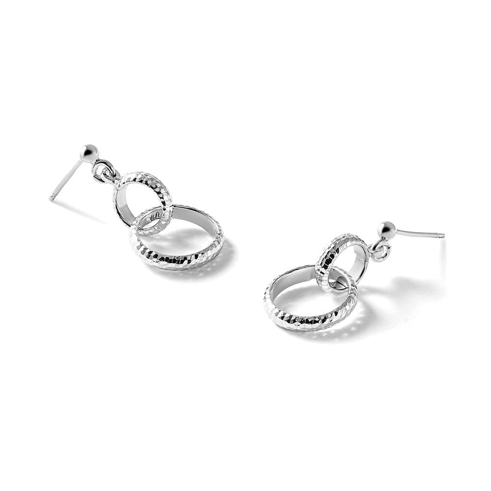 SS RH-plat Polished / Dia-cut Circle Link Dangle Post Earrings