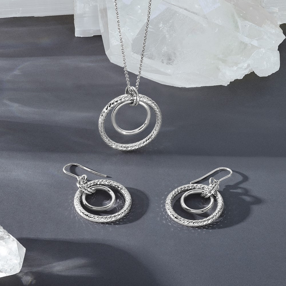 Sterling Silver RH-pl Polish/Dia-cut Circles Dangle Earrings