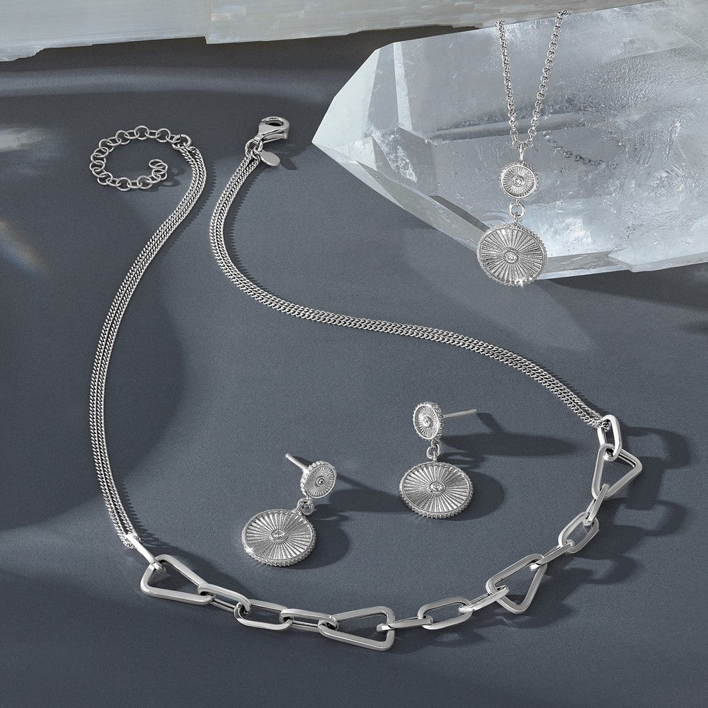 SS RH-plat CZ Polished/Grooved Circle Dangle Post Earrings