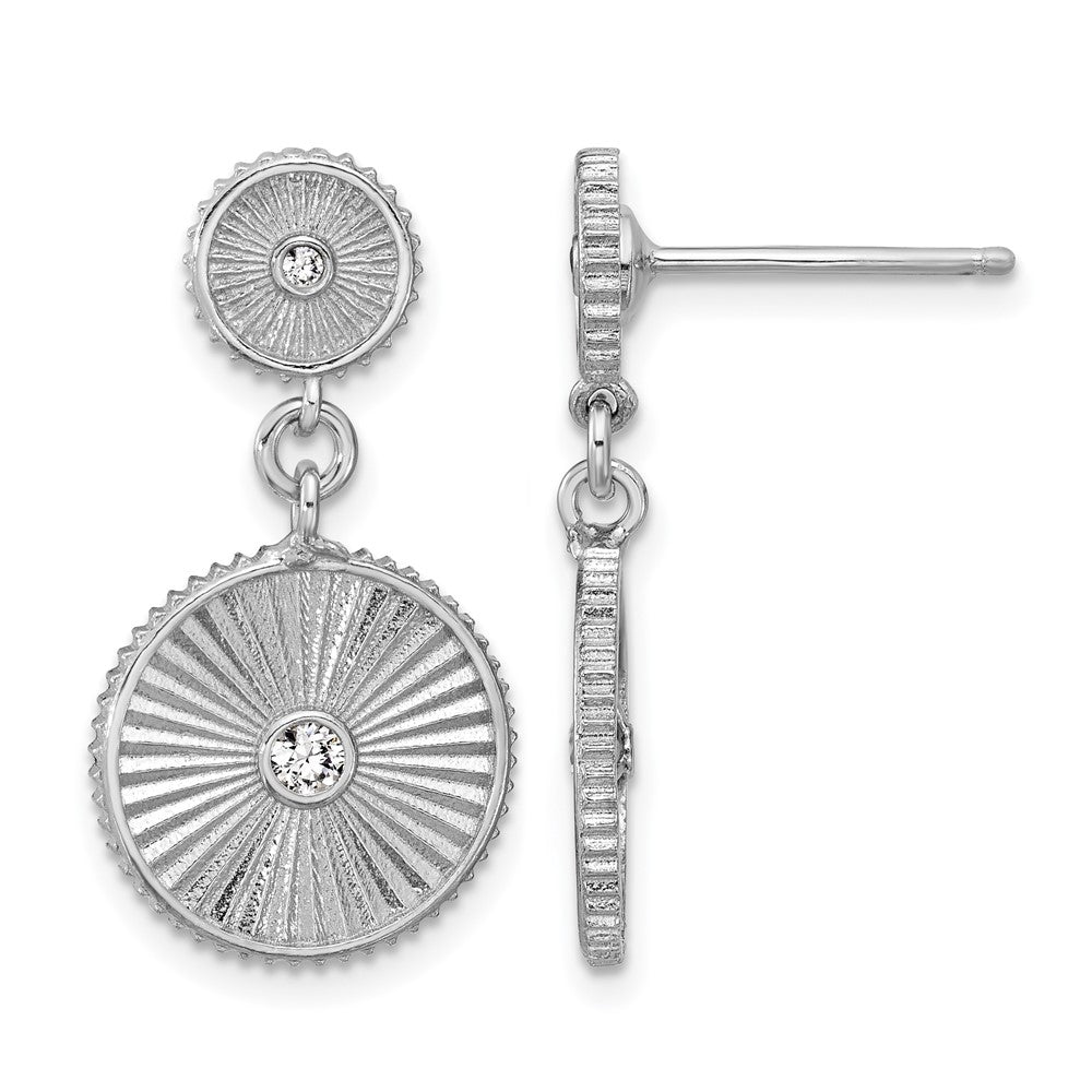 SS RH-plat CZ Polished/Grooved Circle Dangle Post Earrings