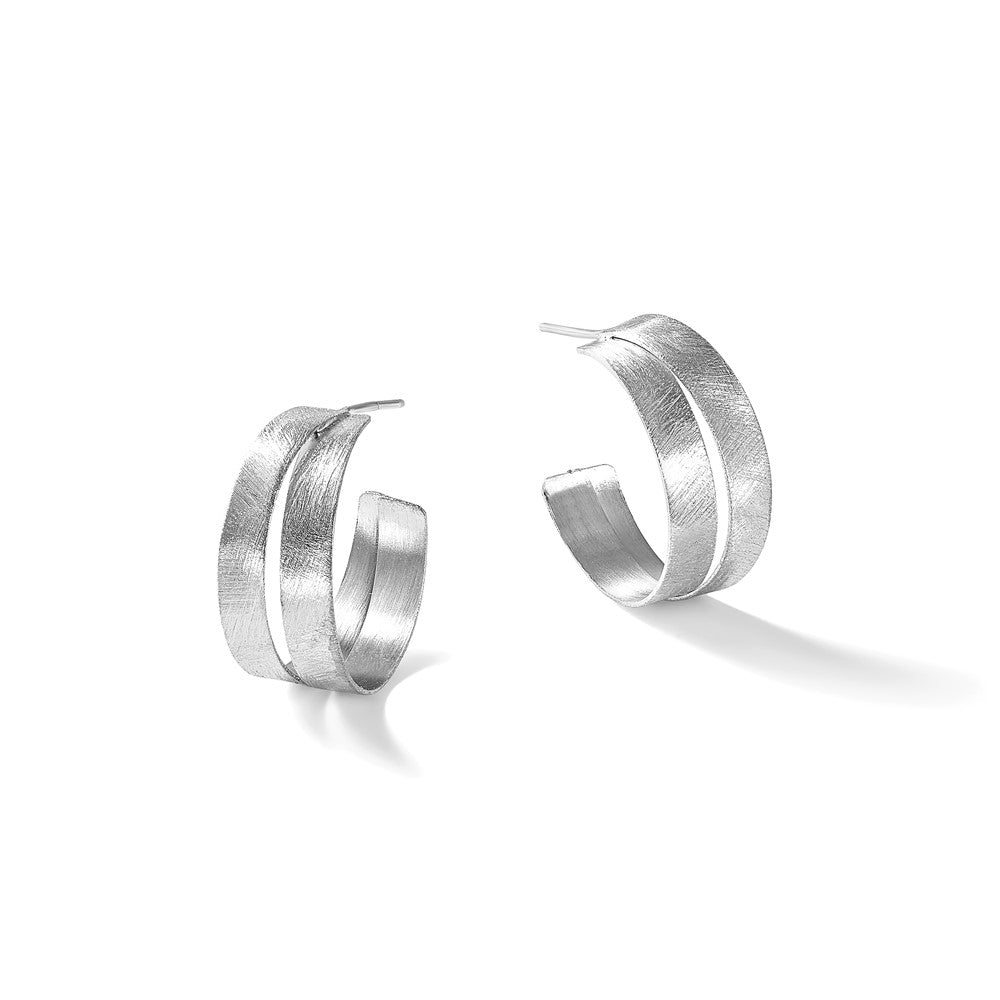 Sterling Silver Rhodium-plate Scratch Finish J-hoop Earrings