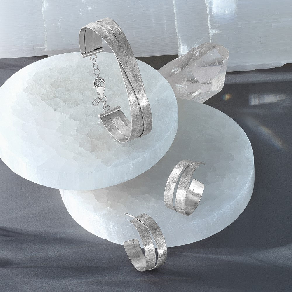 Sterling Silver Rhodium-plate Scratch Finish J-hoop Earrings