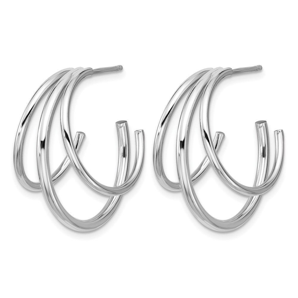 Sterling Silver RH-plated Polished 3-row J-hoop Post Earrings