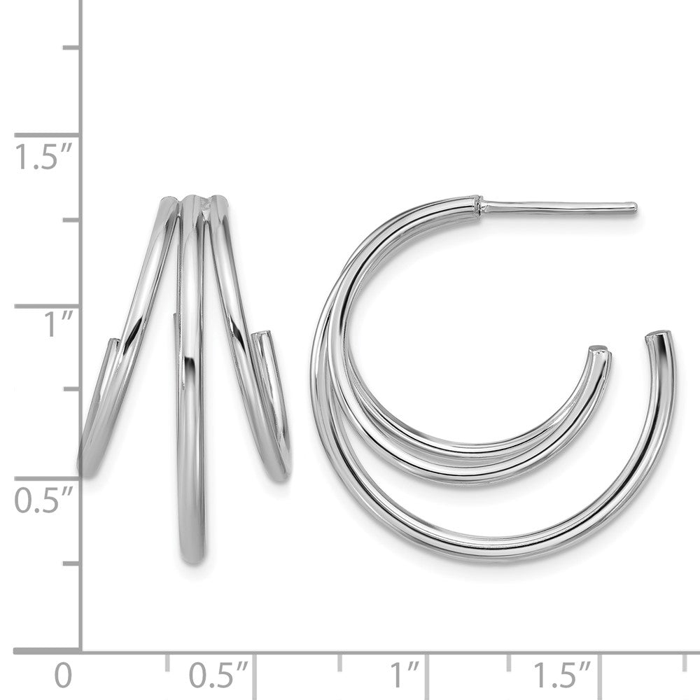 Sterling Silver RH-plated Polished 3-row J-hoop Post Earrings